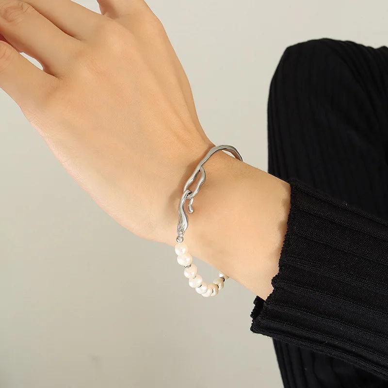 Natural Pearl Beads Bracelet Chain Stainless Steel Women