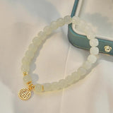 Women's Hetian Jade Beaded Bracelet with Golden Fu Pendant