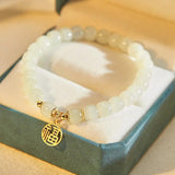 Women's Hetian Jade Beaded Bracelet with Golden Fu Pendant