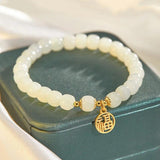 Women's Hetian Jade Beaded Bracelet with Golden Fu Pendant