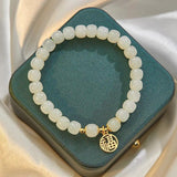 Women's Hetian Jade Beaded Bracelet with Golden Fu Pendant
