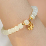 Women's Hetian Jade Beaded Bracelet with Golden Fu Pendant