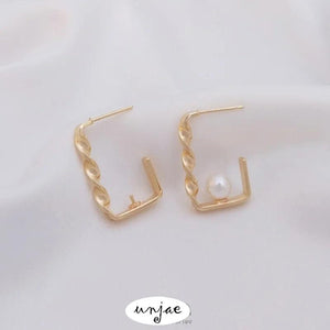 14K Gold-Covered Twisted Rectangular Earrings DIY Half-Hole Pearl Holder
