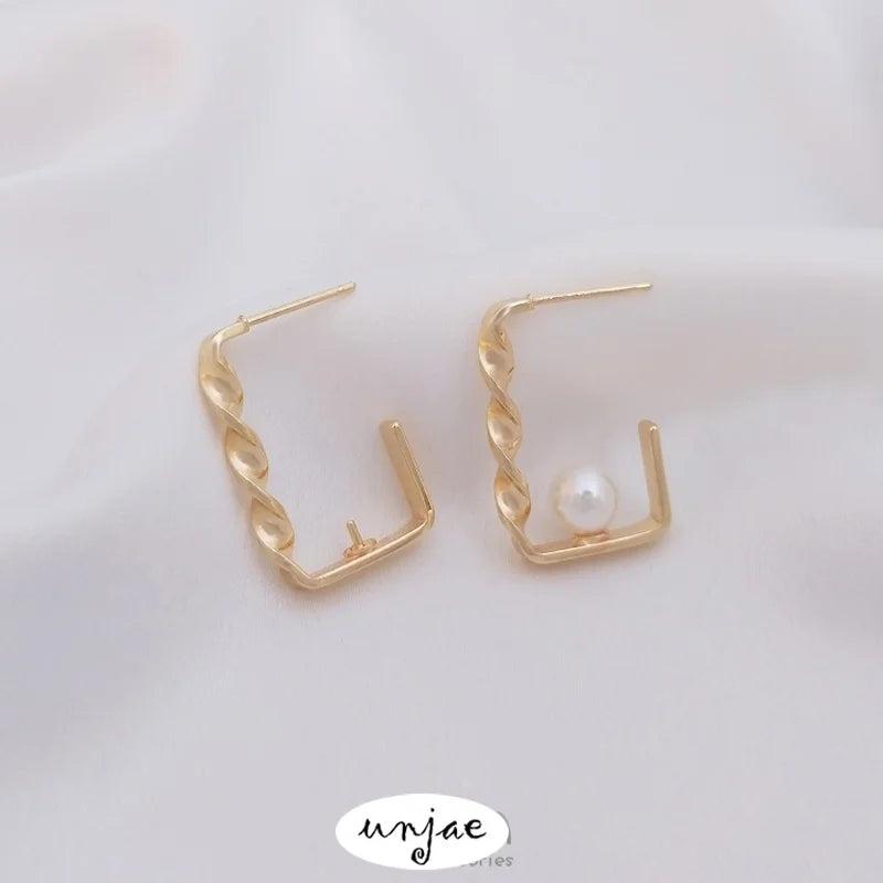 14K Gold-Covered Twisted Rectangular Earrings DIY Half-Hole Pearl Holder