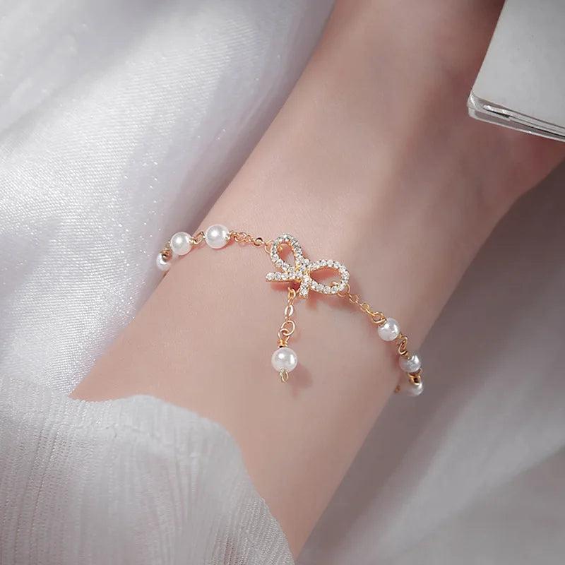 Heart Bow Bracelet Sterling Silver Pearl Student Jewelry