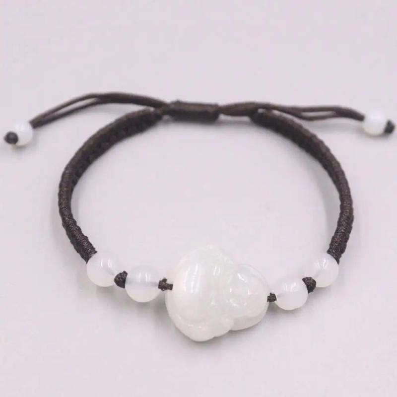 Lucky Bless Buddha Real Jade Weave Bracelet Red Rope 16cmL