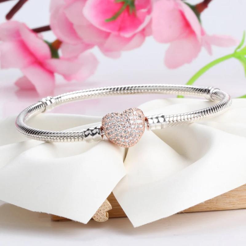 925 Sterling Silver Heart Clasp Crystal Bangles Bracelets