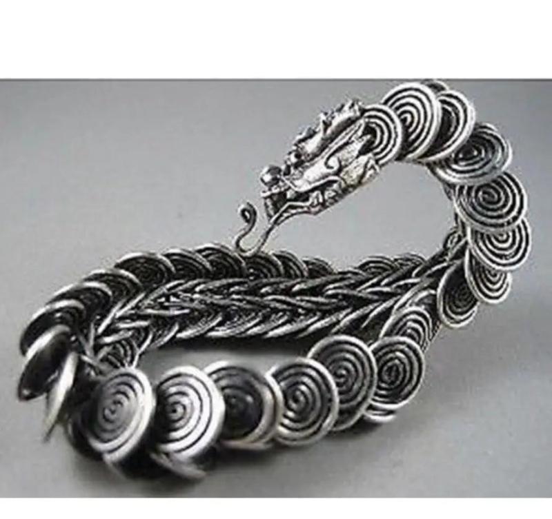 Chinese Tibet silver dragon Head Men bracelet