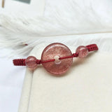 Natural Strawberry Quartz Circle Donut Red Rope Bracelet
