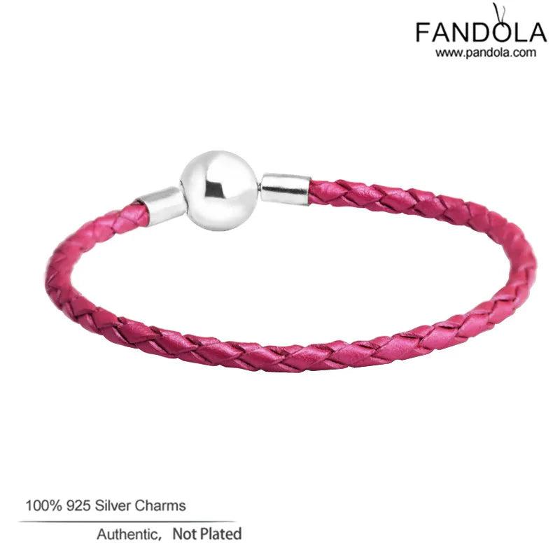925 Sterling Silver Round Clasp Bracelet Rose Leather Charm Bangles