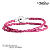 925 Sterling Silver Round Clasp Bracelet Rose Leather Charm Bangles