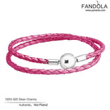 925 Sterling Silver Round Clasp Bracelet Rose Leather Charm Bangles
