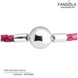925 Sterling Silver Round Clasp Bracelet Rose Leather Charm Bangles