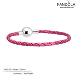 925 Sterling Silver Round Clasp Bracelet Rose Leather Charm Bangles