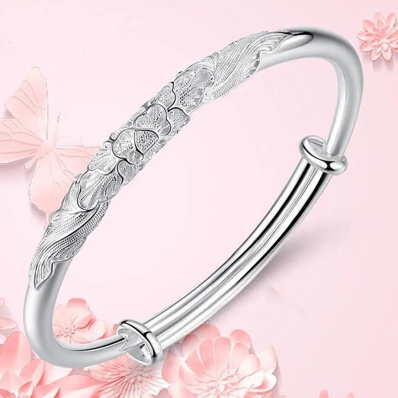 Women's Silver Bracelet, Japanese Peony Adjustable Gift