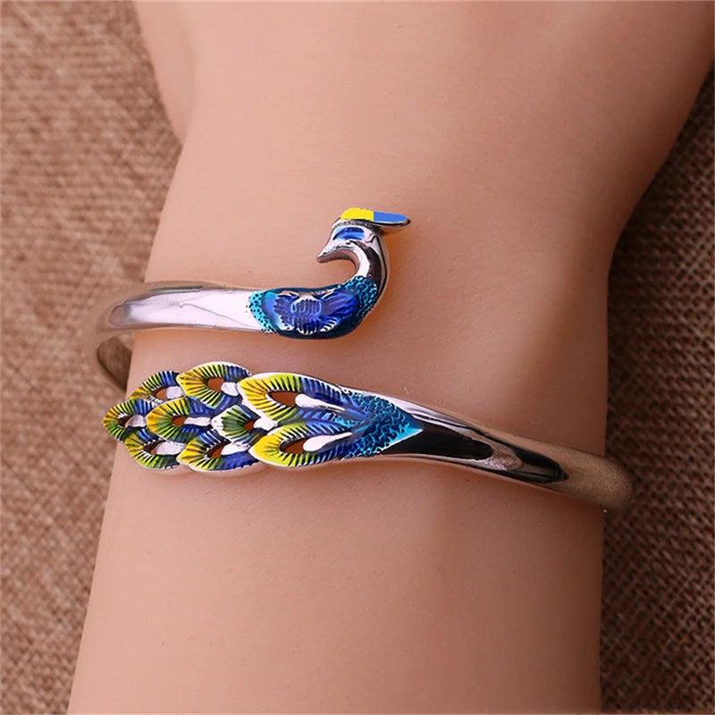 Cloisonne Painted Peacock Silver S999 Bracelet