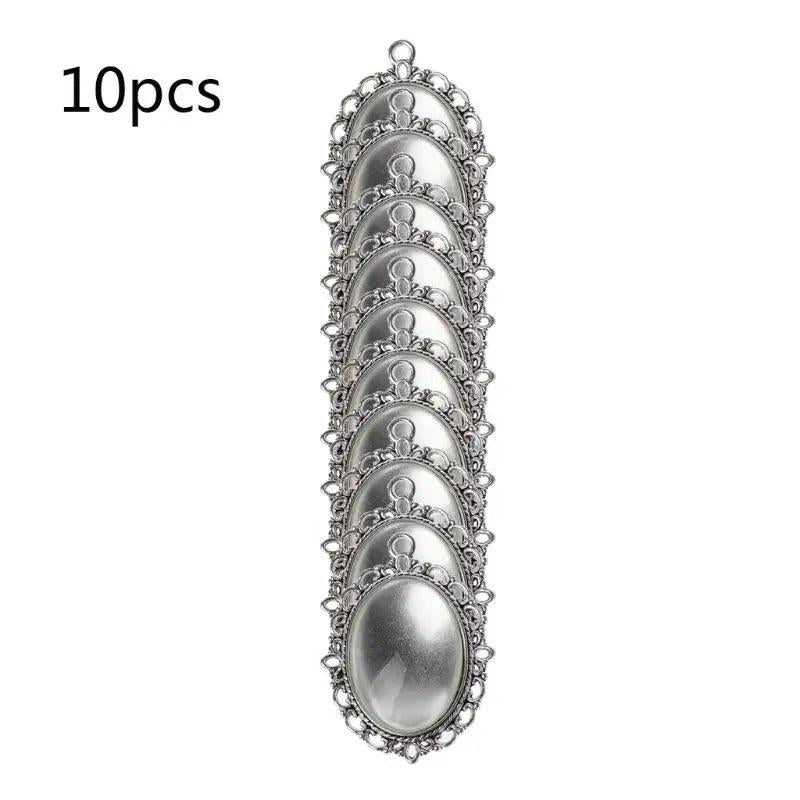 10 Antique Bronze Silver Oval Bezel Pendant Trays Glass Cabochons