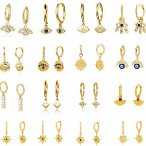 925 Silver Evil Eye Hoops Earrings Crystal Geometric Cross Pendant