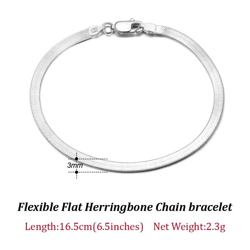 925 Silver Herringbone Chain Bracelet Italian Jewelry