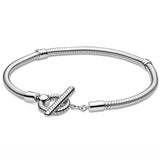 925 Silver Rose T-bar Snake Chain Bracelet Bangle for Bead Charm