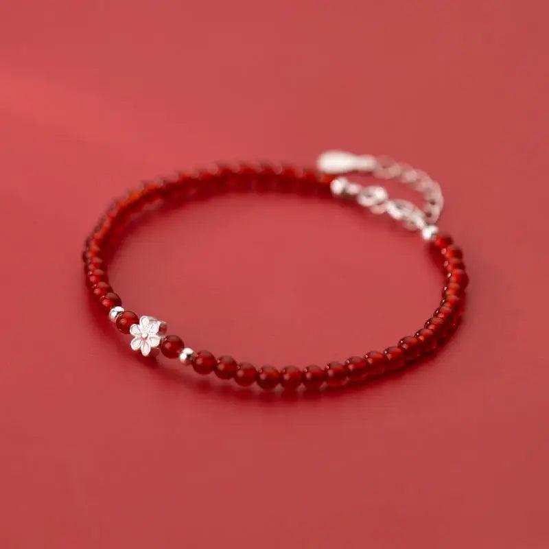 925 Silver Red Agate Bead Bracelet Flower Design Jewelry