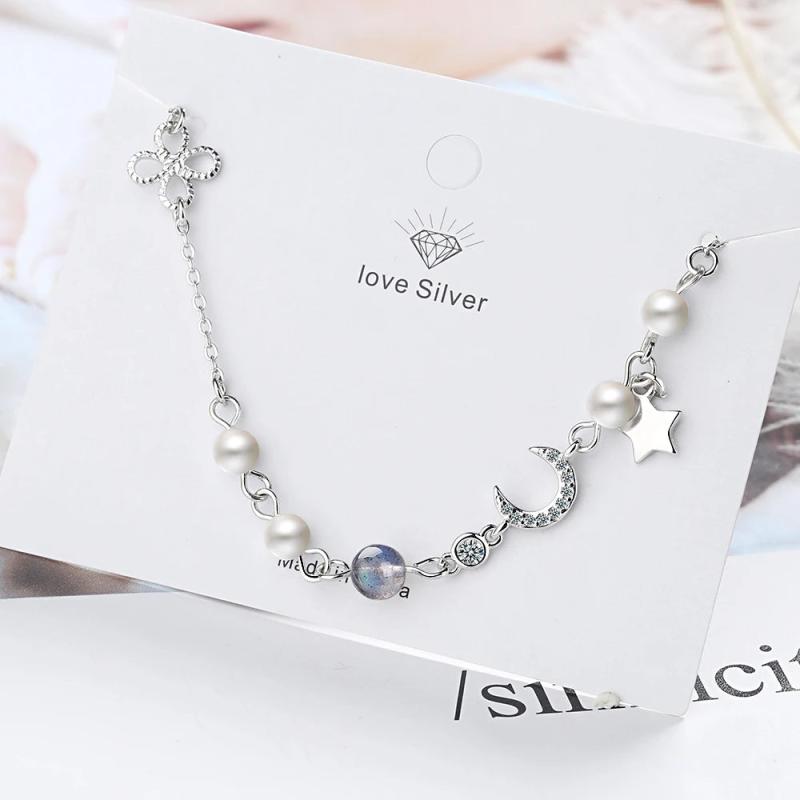 925 Silver Moon Star Pearl Charms Bracelet Zircon