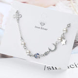 925 Silver Moon Star Pearl Charms Bracelet Zircon