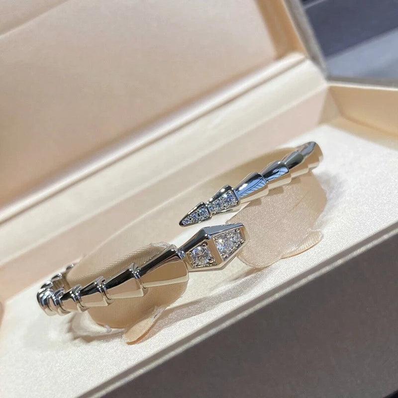 Sterling Silver Snake Bone Bracelet with Zircon Detail