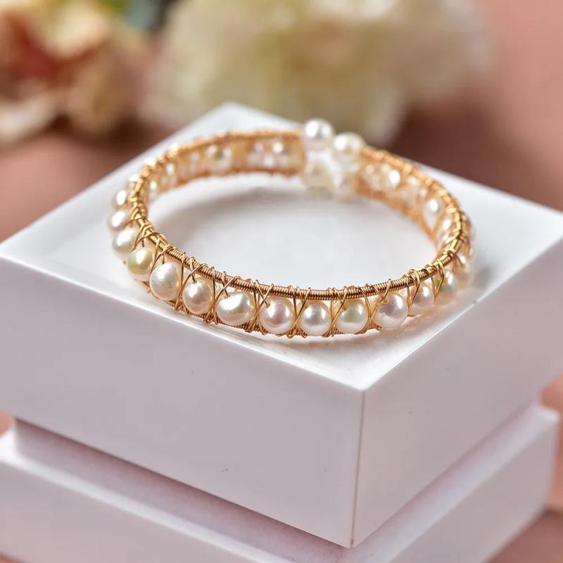 Vintage Freshwater Pearl Bracelet Women 14K Filled Bangle Jewelry