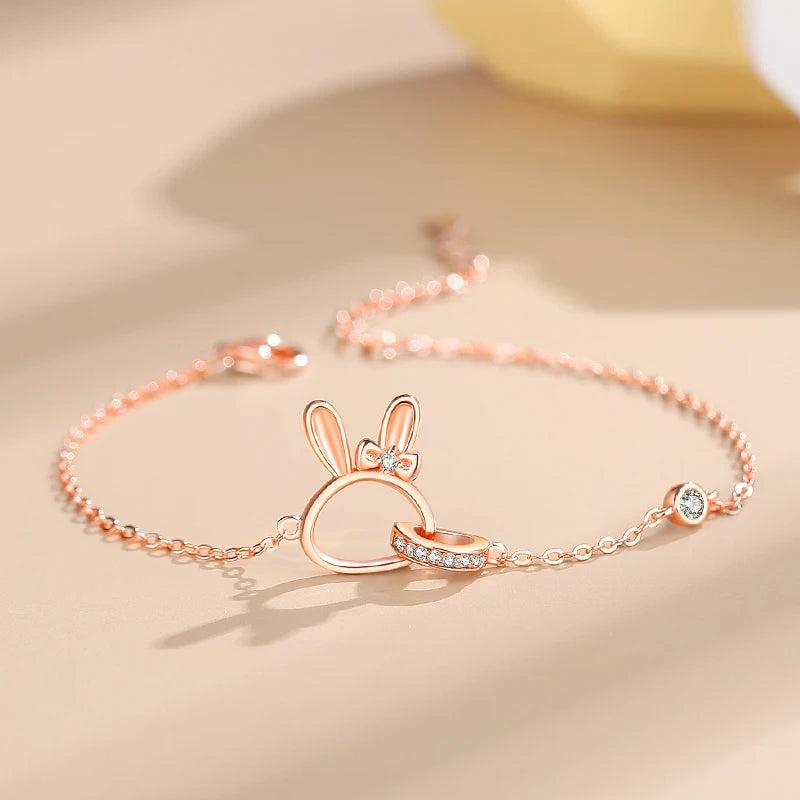 925 Silver Bracelet CZ Double Ring Rabbit Women Birthday Party Gift