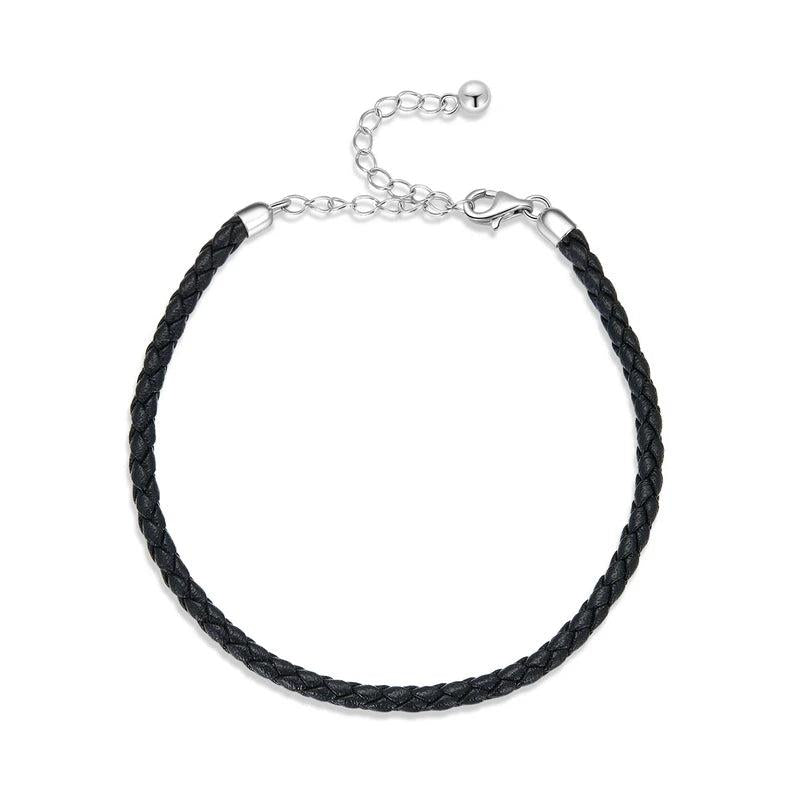925 Silver Leather Bracelet Women Chain Link Jewelry