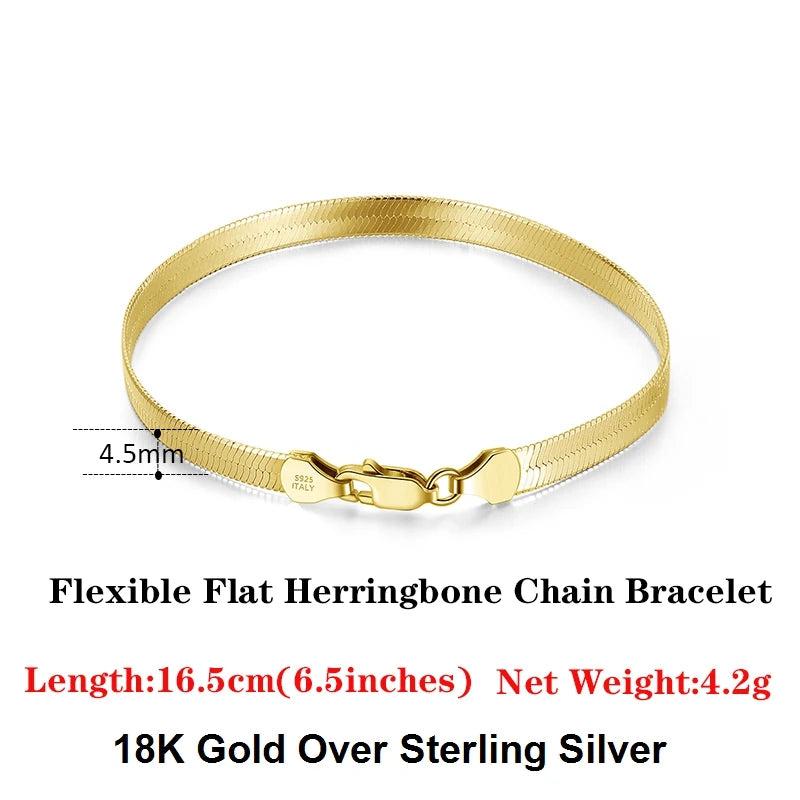 Italian 4.5mm Flat Herringbone Chain Bracelet 18K Plated 925 Sterling Silver