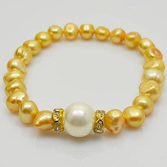 Champagne Baroque Freshwater Pearl Bracelet Rhinestone Shell Elastic