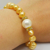 Champagne Baroque Freshwater Pearl Bracelet Rhinestone Shell Elastic
