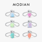 925 Silver Opal 6 Geometric Shape Rings Adjustable Link Chain for Women