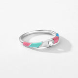 925 Silver Hollow Heart Enamel Ring Multicolour Women's Cocktail Charm Jewelry
