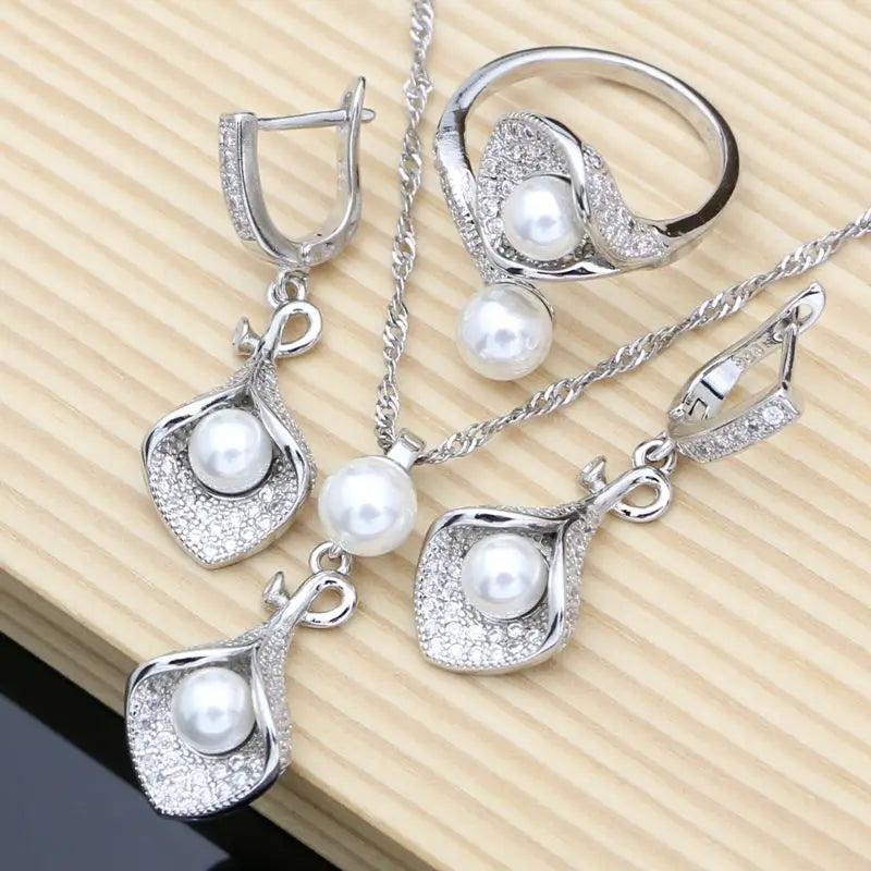 925 Silver Pearl Zircon Wedding Jewelry Set