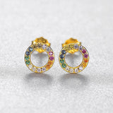 Rainbow CZ Silver 925 Stud Earrings Women Circle Round Small Earings For Girls