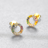 Rainbow CZ Silver 925 Stud Earrings Women Circle Round Small Earings For Girls