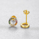 Rainbow CZ Silver 925 Stud Earrings Women Circle Round Small Earings For Girls