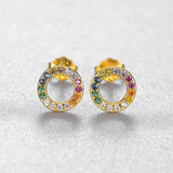 Rainbow CZ Silver 925 Stud Earrings Women Circle Round Small Earings For Girls