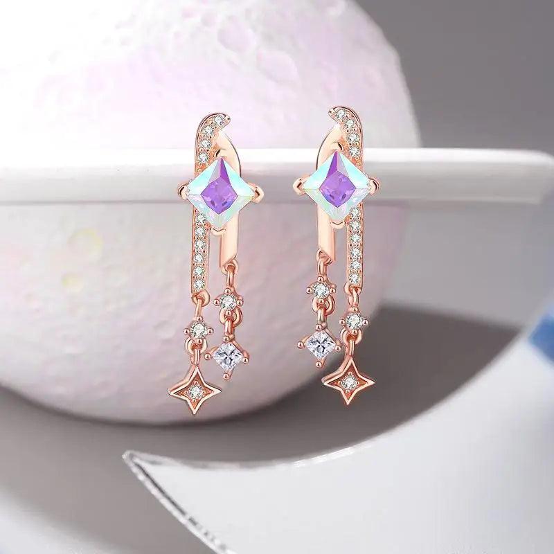 925 Silver Zircon Stars Drop Earrings Rose Plating