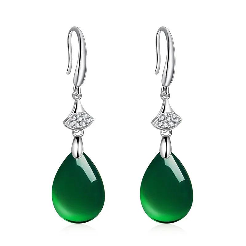 Green Jade Water Drop Earrings 925 Silver Carved Charm Jadeite Jewelry