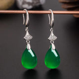 Green Jade Water Drop Earrings 925 Silver Carved Charm Jadeite Jewelry