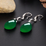 Green Jade Water Drop Earrings 925 Silver Carved Charm Jadeite Jewelry