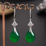 Green Jade Water Drop Earrings 925 Silver Carved Charm Jadeite Jewelry