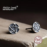 925 Silver Pentagram Carved Stud Earring Vintage Round Ear Pin