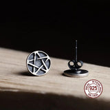 925 Silver Pentagram Carved Stud Earring Vintage Round Ear Pin