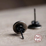 925 Silver Pentagram Carved Stud Earring Vintage Round Ear Pin