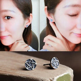 925 Silver Pentagram Carved Stud Earring Vintage Round Ear Pin